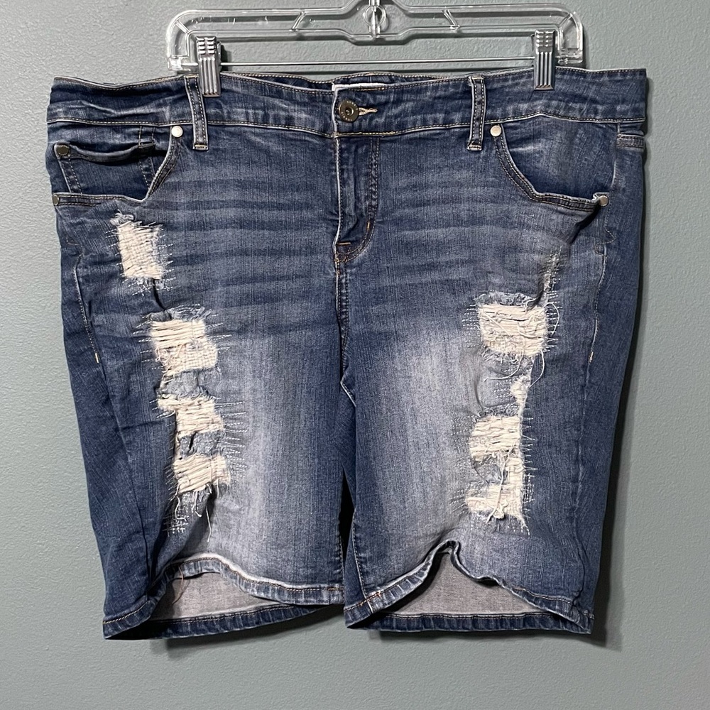 Torrid Distressed Medium Wash Bermuda Jean Shorts